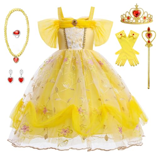 Mädchen Kostüm Prinzessin Belle Kleid Schöne und das Biest mit Krone Halskette Set Verkleidung Die Schöne und das Biest für Geburtstag Halloween Weihnachten Karneval Cosplay Kostüm, 120 cm Mädchen Kostüm Prinzessin Belle Kleid Schöne und das Biest mit Krone Halskette Set Verkleidung Die Schöne und das Biest für Geburtstag Halloween Weihnachten Karneval Cosplay Kostüm, 120 cm von yecwkaz
