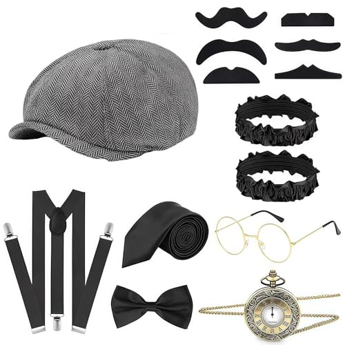 yecwkaz 8-teiliges Zubehör-Set der 20er Jahre Peaky Blinders Kostüm Accessoires mit Taschenuhr Riemen Fliege Schnurrbart Sehbrille 20er Jahre Herren für Karneval Halloween Cosplay yecwkaz 8-teiliges Zubehör-Set der 20er Jahre Peaky Blinders Kostüm Accessoires mit Taschenuhr Riemen Fliege Schnurrbart Sehbrille 20er Jahre Herren für Karneval Halloween Cosplay von yecwkaz