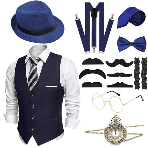 yecwkaz Accessoires für 20er Jahre Kostüm Herren Accessoires Herren 20er Jahre Set mit Krawatte Taschenuhr für Weihnachten Geburtstag Karneval Party, Dunkelblau., S von yecwkaz