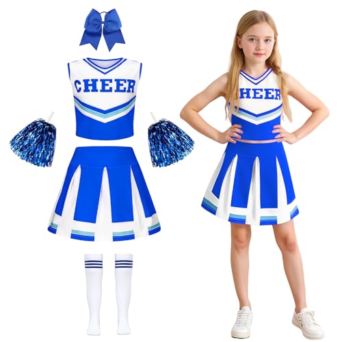 yecwkaz Cheerleader Kostüm für Mädchen, Cheerleader-Kleid für Mädchen, Cheerleading, Uniform mit Bommel, Socken für Halloween, Karneval, Sportveranstaltung, Blau 140 cm yecwkaz Cheerleader Kostüm für Mädchen, Cheerleader-Kleid für Mädchen, Cheerleading, Uniform mit Bommel, Socken für Halloween, Karneval, Sportveranstaltung, Blau 140 cm von yecwkaz