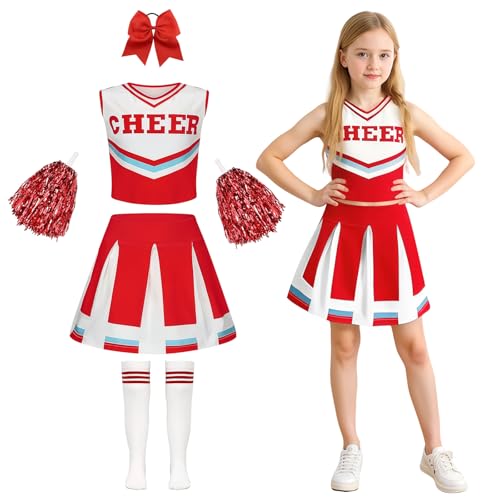 yecwkaz Cheerleader Kostüm für Mädchen, Cheerleader-Kleid für Mädchen, Cheerleading, Uniform mit Bommel, Socken für Halloween, Karneval, Sportveranstaltung, Rot 140 cm yecwkaz Cheerleader Kostüm für Mädchen, Cheerleader-Kleid für Mädchen, Cheerleading, Uniform mit Bommel, Socken für Halloween, Karneval, Sportveranstaltung, Rot 140 cm von yecwkaz