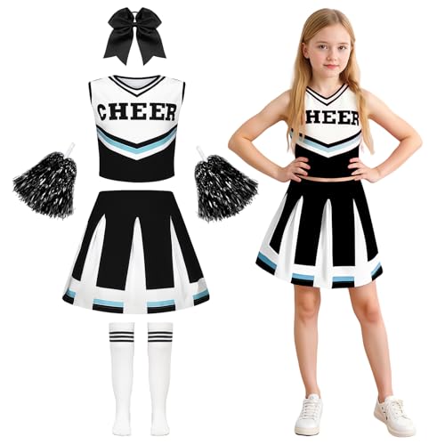yecwkaz Cheerleader Kostüm für Mädchen, Cheerleader-Kleid für Mädchen, Cheerleading, Uniform mit Bommel, Socken für Halloween, Karneval, Sportveranstaltung, Schwarz 140 cm yecwkaz Cheerleader Kostüm für Mädchen, Cheerleader-Kleid für Mädchen, Cheerleading, Uniform mit Bommel, Socken für Halloween, Karneval, Sportveranstaltung, Schwarz 140 cm von yecwkaz