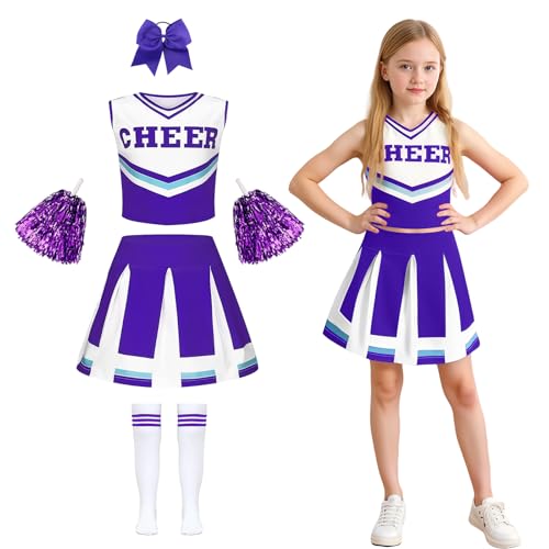 yecwkaz Cheerleader Kostüm für Mädchen, Cheerleader-Kleid für Mädchen, Cheerleading, Uniform mit Bommel, Socken für Halloween, Karneval, Sportveranstaltung, Violett 140 cm yecwkaz Cheerleader Kostüm für Mädchen, Cheerleader-Kleid für Mädchen, Cheerleading, Uniform mit Bommel, Socken für Halloween, Karneval, Sportveranstaltung, Violett 140 cm von yecwkaz