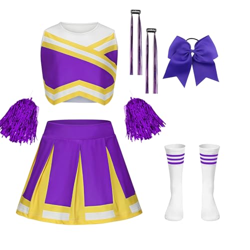 yecwkaz Cheerleader-Kostüm für Mädchen, Cheerleader-Kleid für Mädchen, Cheerleading Outfit mit Pompons, Socken, Perücken für Halloween, Karneval, Sportveranstaltung, Violett 170 cm yecwkaz Cheerleader-Kostüm für Mädchen, Cheerleader-Kleid für Mädchen, Cheerleading Outfit mit Pompons, Socken, Perücken für Halloween, Karneval, Sportveranstaltung, Violett 170 cm von yecwkaz