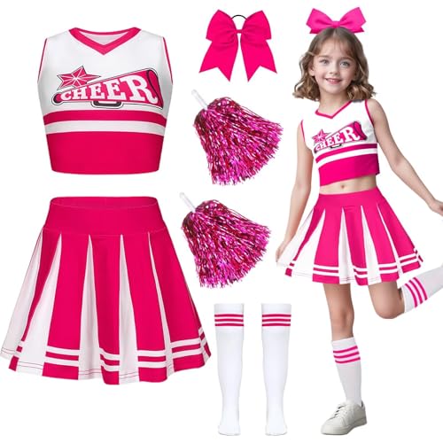 yecwkaz Cheerleader-Kostüm für Mädchen, Cheerleader-Kleid für Mädchen mit Bommel Cheerleader für Karneval Halloween oder Sportveranstaltung-Rose 120 von yecwkaz