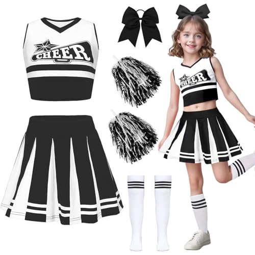 yecwkaz Cheerleader-Kostüm für Mädchen, Cheerleader-Kleid für Mädchen mit Bommel Cheerleader für Karneval Halloween oder Sportveranstaltung- Schwarz 120 von yecwkaz