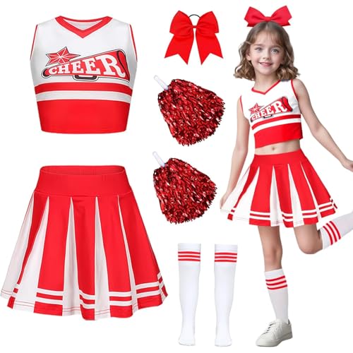 yecwkaz Cheerleader-Kostüm für Mädchen, Cheerleader-Kleid für Mädchen mit Bommel Cheerleader für Karneval Halloween oder Sportveranstaltungs-Rot 130 von yecwkaz