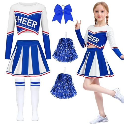 yecwkaz Cheerleader-Kostüm für Mädchen, langärmlig, mit Bommel, für Karneval, Halloween oder Sportveranstaltungen, Blau 140 yecwkaz Cheerleader-Kostüm für Mädchen, langärmlig, mit Bommel, für Karneval, Halloween oder Sportveranstaltungen, Blau 140 von yecwkaz