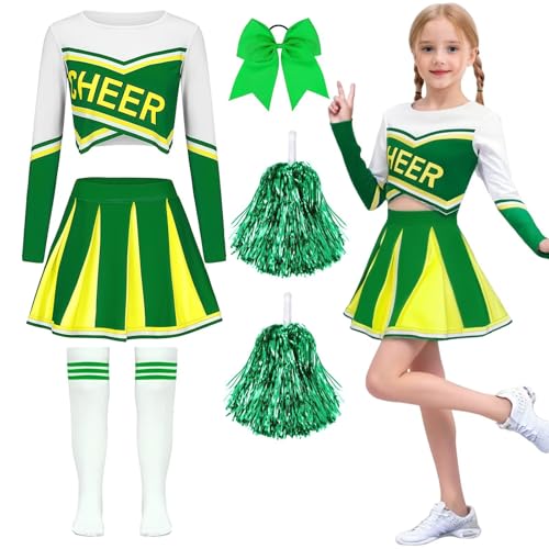 yecwkaz Cheerleader-Kostüm für Mädchen, langärmlig, mit Bommel, für Karneval, Halloween oder Sportveranstaltungen, Grün 140 yecwkaz Cheerleader-Kostüm für Mädchen, langärmlig, mit Bommel, für Karneval, Halloween oder Sportveranstaltungen, Grün 140 von yecwkaz