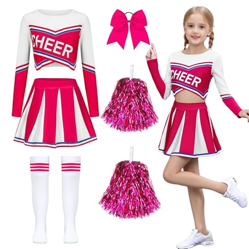 yecwkaz Cheerleader-Kostüm für Mädchen, langärmlig, mit Bommel, für Karneval, Halloween oder Sportveranstaltungen, Rose 140 yecwkaz Cheerleader-Kostüm für Mädchen, langärmlig, mit Bommel, für Karneval, Halloween oder Sportveranstaltungen, Rose 140 von yecwkaz