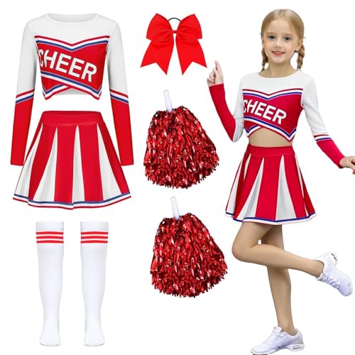 yecwkaz Cheerleader-Kostüm für Mädchen, langärmlig, mit Bommel, für Karneval, Halloween oder Sportveranstaltungen, Rot 140 yecwkaz Cheerleader-Kostüm für Mädchen, langärmlig, mit Bommel, für Karneval, Halloween oder Sportveranstaltungen, Rot 140 von yecwkaz