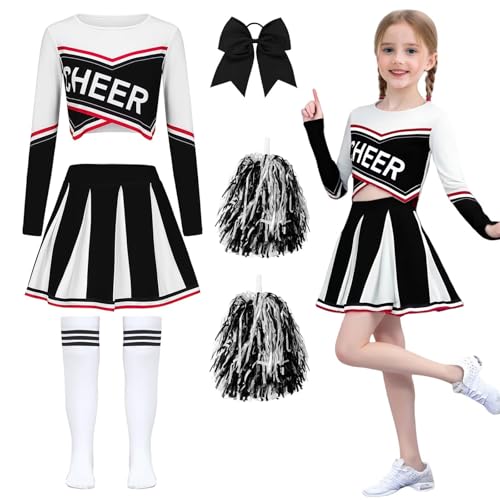 yecwkaz Cheerleader-Kostüm für Mädchen, langärmlig, mit Bommel, für Karneval, Halloween oder Sportveranstaltungen, Schwarz 130 yecwkaz Cheerleader-Kostüm für Mädchen, langärmlig, mit Bommel, für Karneval, Halloween oder Sportveranstaltungen, Schwarz 130 von yecwkaz