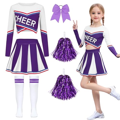 yecwkaz Cheerleader-Kostüm für Mädchen, langärmlig, mit Bommel, für Karneval, Halloween oder Sportveranstaltungen, Violett 140 yecwkaz Cheerleader-Kostüm für Mädchen, langärmlig, mit Bommel, für Karneval, Halloween oder Sportveranstaltungen, Violett 140 von yecwkaz