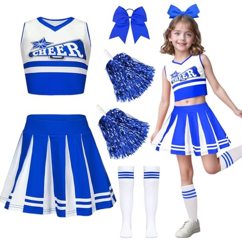 yecwkaz Cheerleader-Kostüm für Mädchen Cheerleader-Kleid für Mädchen mit Bommel Cheerleader für Karneval Halloween oder Sportveranstaltung-Blue 140 von yecwkaz