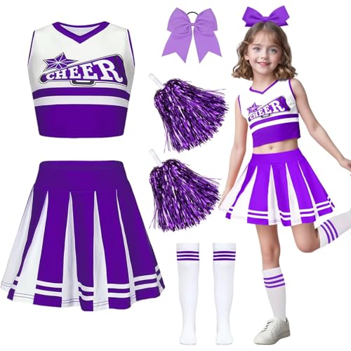 yecwkaz Cheerleader-Kostüm für Mädchen Cheerleader-Kleid für Mädchen mit Bommel Cheerleader für Karneval Halloween oder Sportveranstaltung-Purple 140 von yecwkaz