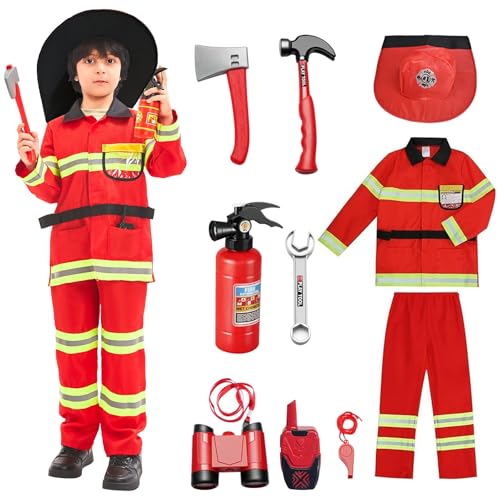 yecwkaz Feuerwehr Kostüm für Kinder Feuerwehrchef 10 pcs Zubehör feuerwehrmann kostüm Set für Halloween, Karneval, Weihnachten, Mottoparty, Cosplay,110cm von yecwkaz