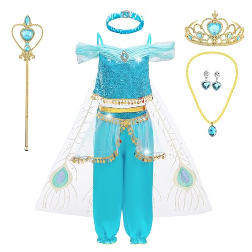 yecwkaz Jasmin-Kleid Prinzessin für Mädchen Kinder, Jasmine Aladdin Kostüme mit Stirnband für Halloween, Karneval, Weihnachten, Geburtstag, Party, Cosplay Outfits, 150 cm yecwkaz Jasmin-Kleid Prinzessin für Mädchen Kinder, Jasmine Aladdin Kostüme mit Stirnband für Halloween, Karneval, Weihnachten, Geburtstag, Party, Cosplay Outfits, 150 cm von yecwkaz