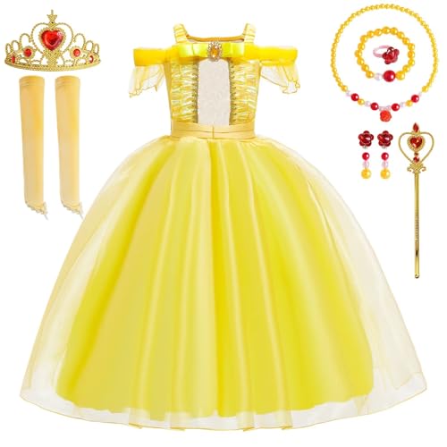 yecwkaz Kleid Prinzessin Mädchen Schöne Prinzessin Kostüm Schöne und das Biest mit Krone Halsketten Kostüme Prinzessin Schöne für Karneval Halloween Weihnachten Party Cosplay-100 von yecwkaz