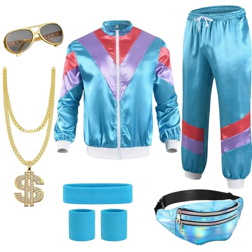 yecwkaz Kostüm 80er Jahre Damen Herren Trainingsanzug Outfit 80er 90er Jahre Zubehör 80er Jahre Kostüm Disco Karneval Herren für Halloween Abend Verkleidung Blau - L von yecwkaz