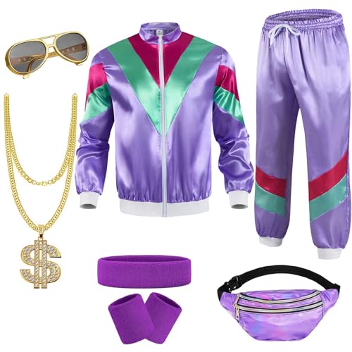 yecwkaz Kostüm 80er Jahre Damen Herren Trainingsanzug Outfit 80er 90er Jahre Zubehör 80er Jahre Kostüm Disco Karneval Herren für Halloween Abend Verkleidung Lila M von yecwkaz