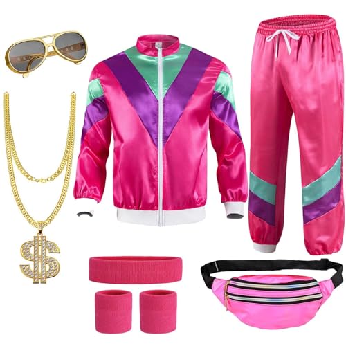 yecwkaz Kostüm 80er Jahre Damen Herren Trainingsanzug Outfit 80er 90er Jahre Zubehör 80er Jahre Kostüm Disco Karneval Herren für Halloween Abend Verkleidung Pink-XL von yecwkaz