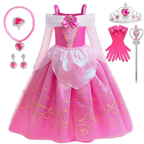 yecwkaz Mädchenkleid Prinzessin Aurora Kostüm Dornröschen mit Krone Ring Halskette Aurora für Geburtstag Party Weihnachten Halloween Karneval Cosplay Party Kostüm, 100 cm von yecwkaz