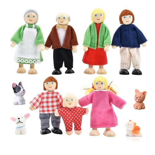 Puppenhaus Puppen, 7Pcs Puppenhaus Figuren Familie, Biegepuppen Puppenhaus Puppen, Holz Puppenhaus Zubehör mit Katze und Hund Biegepuppen für Puppenhaus Zubehör Geschenk von yeemeen