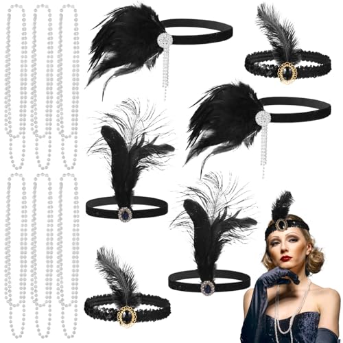 12-teiliges Set mit Feder-Stirnbändern im Vintage-Stil der 1920er Jahre, mit Perlenketten für Damen, Flapper-Stil für Kostümpartys, Halloween und besondere Anlässe von yeeplant