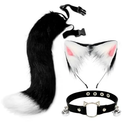 3-teiliges Katzenohren-Schwanz-Zubehör-Set, Kunstschwanz, Wolfsohren-Stirnband und Leder-Halsband, verstellbares Kostüm-Set für Festlichkeiten von yeeplant