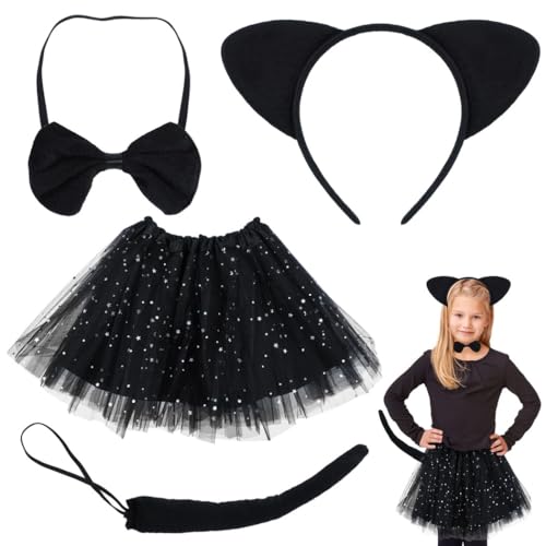 4-teiliges schwarzes Katzenkostüm für Halloween, Pailletten-Tutu, Katzenohren, Schwanz, Fliege für Cosplay 4-teiliges schwarzes Katzenkostüm für Halloween, Pailletten-Tutu, Katzenohren, Schwanz, Fliege für Cosplay von yeeplant