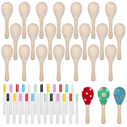 Bunte Maracas mit 24 Markerstiften, 11,7 cm, leichte Holz-Musikinstrumente, ideal für Erwachsenenpartys, mexikanische Requisiten, Geburtstagsfeiern, 24 Stück von yeeplant