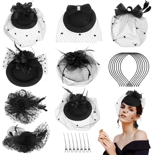 Damen Fascinator Hüte mit Schleier, Feder Mesh und Spitze Blume Details Schwarz Retro Stil Inklusive Stirnbänder & Haarspangen für Events & Cosplay 8 Stück Damen Fascinator Hüte mit Schleier, Feder Mesh und Spitze Blume Details Schwarz Retro Stil Inklusive Stirnbänder & Haarspangen für Events & Cosplay 8 Stück von yeeplant