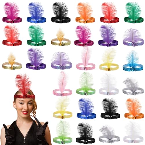 Flapper-Stirnbänder, 30 Stück, mit Federn und Strasssteinen, 15 Farben, 1920er-Jahre-Stil, Haarschmuck, elastische Paillettenbänder für Kostüm und Party von yeeplant