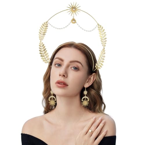 yeeplant Goldenes Blatt Heiligenschein Krone & Ohrringe Set, Boho Göttin Kopfschmuck mit Mond und Stern Akzente für Braut- und Kostümpartys yeeplant Goldenes Blatt Heiligenschein Krone & Ohrringe Set, Boho Göttin Kopfschmuck mit Mond und Stern Akzente für Braut- und Kostümpartys von yeeplant