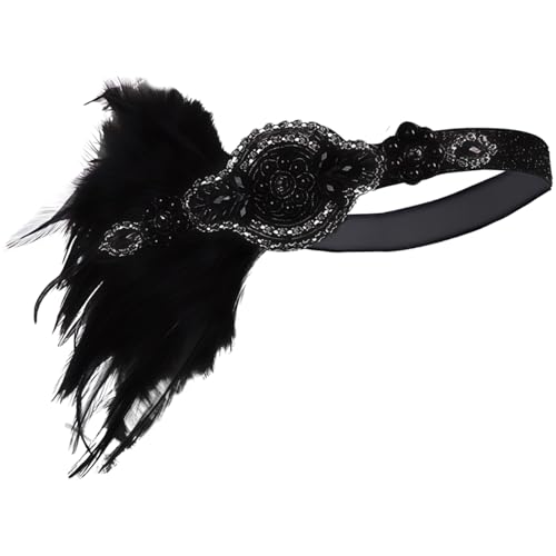 yeeplant Strass-Flapper-Kopfschmuck für Damen, schwarze Schleife, Federdekoration, Partys, Vintage-Themen mit handgefertigten Details von yeeplant