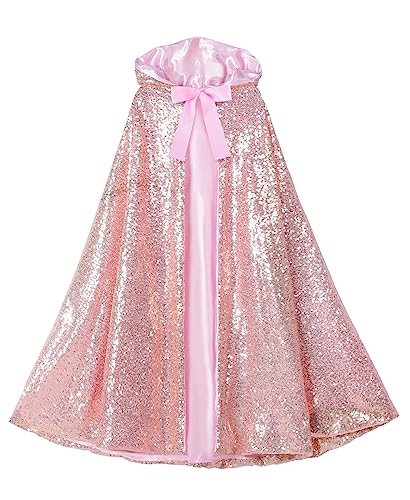 yeesn Kinder-Pailletten-Kapuzenumhang, volle Länge, langer Umhang für Prinzessinnen-Mädchen, Kostüm, Weihnachten, Halloween, Party, Cosplay (5–10 Jahre, Champagner) von yeesn