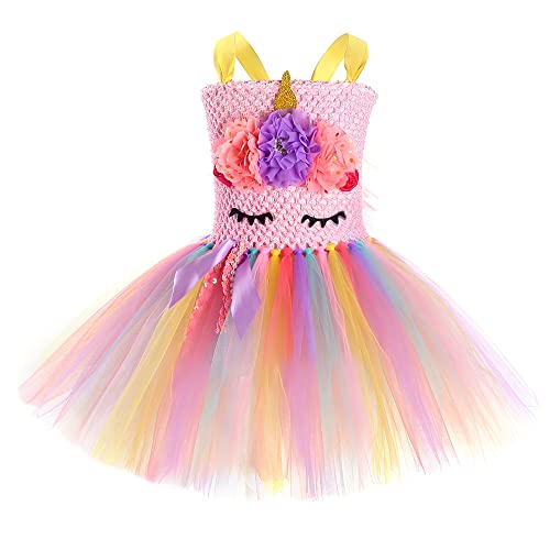 Mädchen Blumen Tutu Kleid Einhorn Verkleidung Party Hochzeit Tüllkleid (7-8 Jahre, Rosa) von yeesn