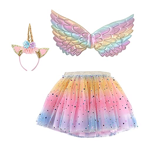 Mädchen Fee Tutu Kleid Kostüm mit Einhorn Stirnband Flügel Kinder Halloween Party Cosplay Prinzessin Dress Up für Alter 3-8 Jahre Gr. One size, D von yeesn