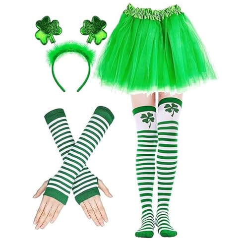 yiouyisheng 4 Stück/ 9 Stück St Patricks Day Accessoires Irisches Parade Kostümzubehör-Set Party Supplies, Tutu Tüllrock, Kleeblatt Strümpfe, Handschuhe, Haarbänder, Halskette, Armband von yiouyisheng