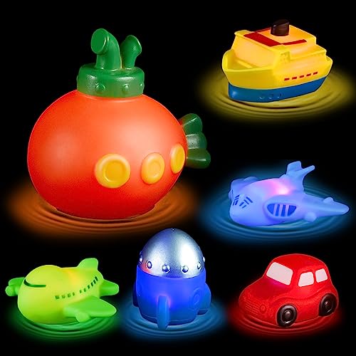 Badewannenspielzeug Transport Badespielzeug mit Licht 6 Stück Schwimmend U-Boot Rakete Schiff Auto Flugzeug Badezimmer Spielzeug Geschenk für Kinder von yoliyogo
