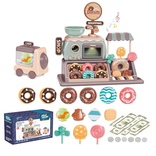 Donut Spielzeug Süßwarenladen Realistischer funktionaler Donut Ofen mit Licht und Sound Tragekorb Süßwarenladen Spielzeug 34pcs Kinder-Einkaufsgeld Nachtisch Pädagogisches Spielset für Kinder von yoliyogo