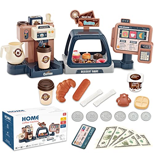 Kaffeemaschine Spielzeug Rollenspiel Küchenzubehör Spielset mit Kaffeemaschine Kinder Registrierkasse Spielzeug Lebensmittel Nachtisch Donuts Kuchen Set Frühes Lernspielzeug für Kinder Geburtstag von yoliyogo