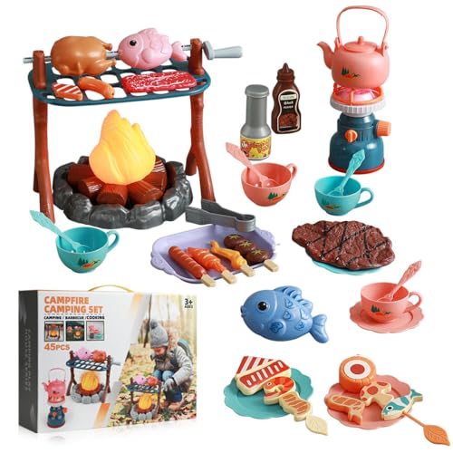 Lagerfeuer-Spielset mit 45 Realistischen Grillzubehörteilen Falschen Grillgerichten Teekannen usw mit Lichtern & Geräuschen Pädagogisches Camping Spielzeug Geeignet für Kinder ab 3+ von yoliyogo