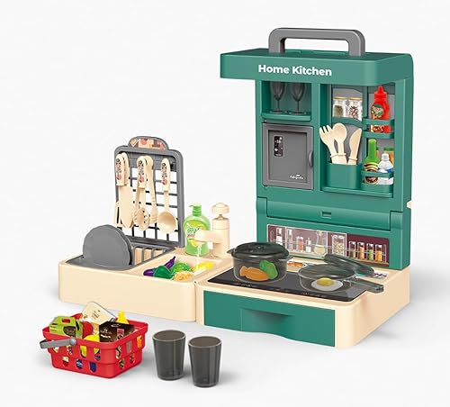 Spielküche Spielzeug-Set Faltbares Rollenspiel-Spielzeug Mit 45pcs Realistischem Essen Obst Gemüse Pfannen Kochutensilien Korb Spüle Usw Tragbares Pädagogisches Innen Außenspielzeug Für Kinder 3+ von yoliyogo