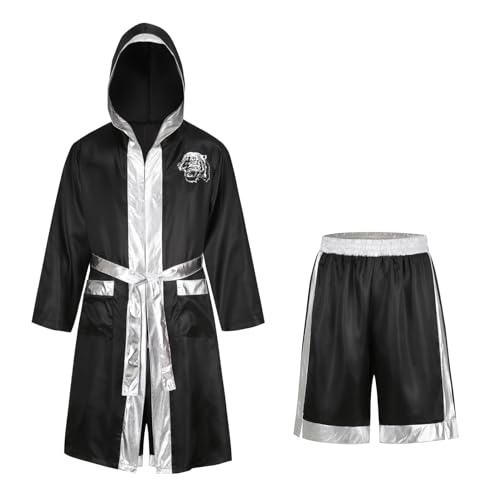 yolsun Herren-Box-Kostüm, Schwarz / Silber, Boxer-Kapuzenmantel und Shorts, Set Halloween (Schwarz / Silber, Größe M) von yolsun