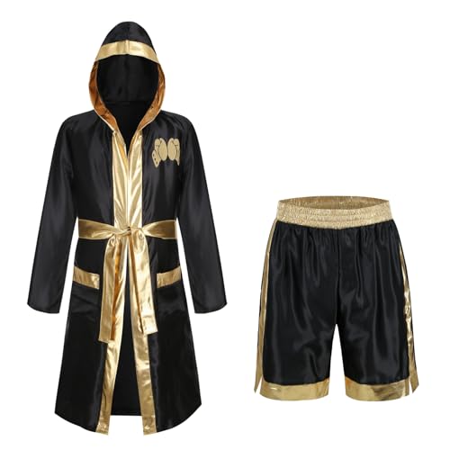 yolsun Herren-Boxkostüm, Schwarz / Gold, Boxer-Kapuzenmantel und Shorts, Set Halloween (Schwarz-Gold, Größe M) von yolsun