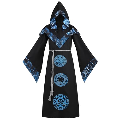 yolsun Herren Zauberer-Kostüm, mittelalterlicher Zauberer-Robe, Halloween, dunkler Zauberer-Umhang, Mystischer Zauberer, Kapuzenumhang (Blau, Größe M) von yolsun