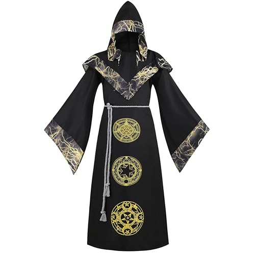 yolsun Herren Zauberer-Kostüm, mittelalterlicher Zauberer-Robe, Halloween, dunkler Zauberer-Umhang, mystischer Zauberer, Kapuzenumhang (gelb, mittelgroß) von yolsun