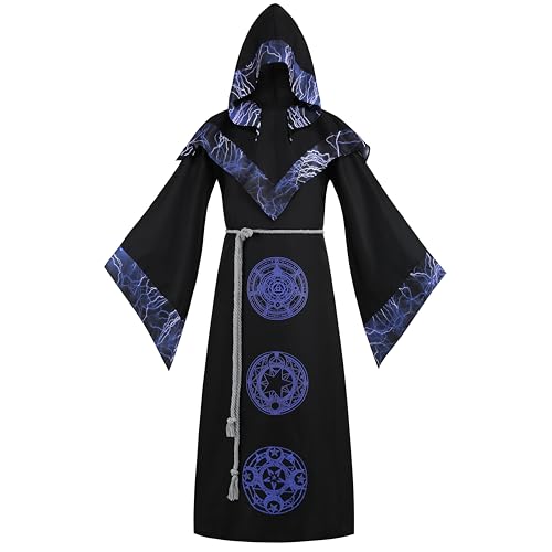 yolsun Herren Zauberer-Kostüm, mittelalterlicher Zauberer-Robe, Halloween, dunkler Zauberer-Umhang, mystischer Zauberer, Kapuzenumhang (lila, Größe XXL) von yolsun