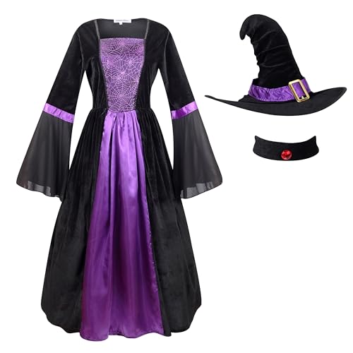 yolsun Hexenkostüm Damen Wicked Witchy Dress Hexe Zauberer Kostüm Halloween, Schwarz-violette Spinne, M von yolsun